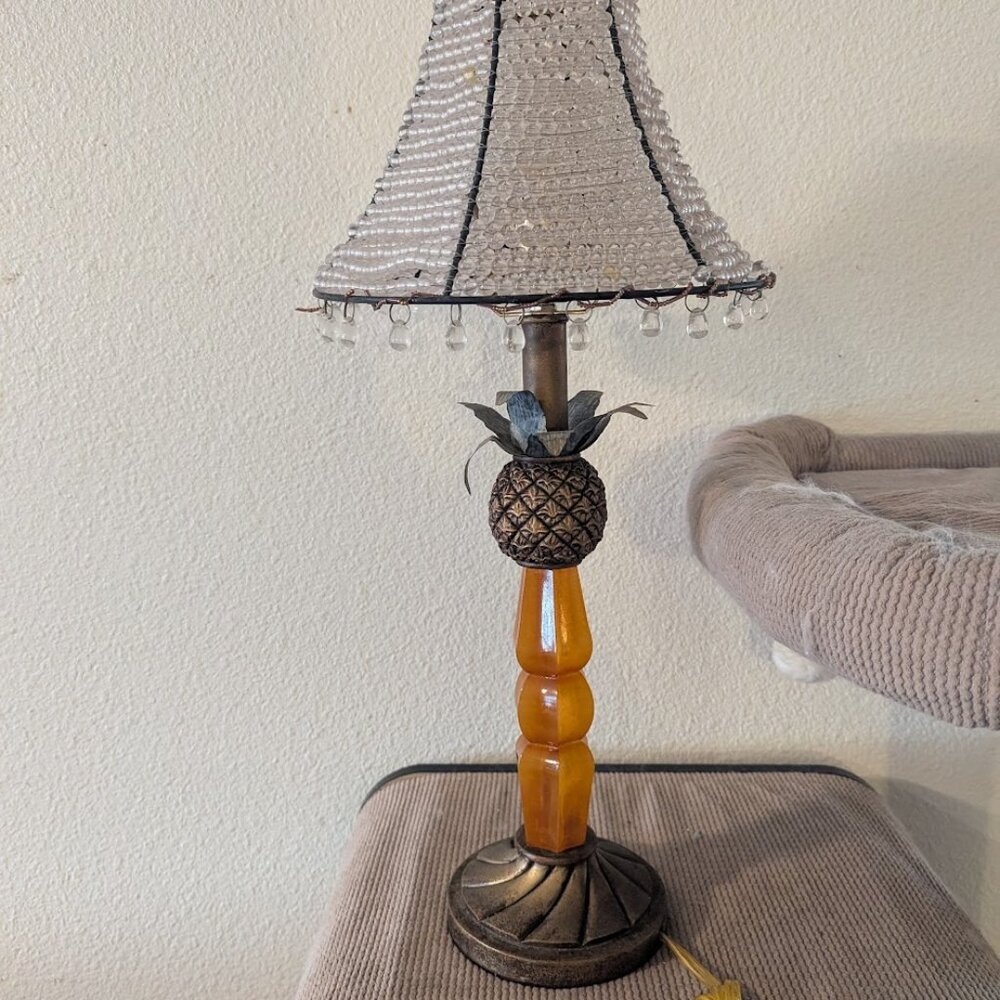 Vintage MCM Pineapple Lamp Beaded Shade Unique Table Lamp Lucite Orange & Brass